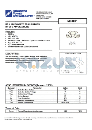 MS1001 datasheet - RF & MICROWAVE TRANSISTORS HF SSB APPLICATIONS