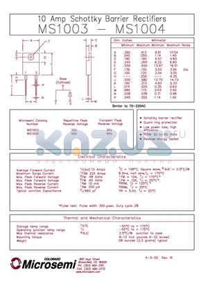 MS1004 datasheet - 10 AMP SCHOTTKY BARRIER RECTIFIER