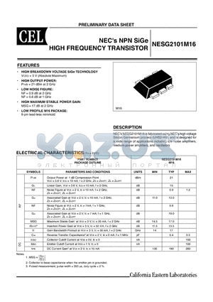 NESG2101M16-T3-A datasheet - NPN SiGe HIGH FREQUENCY TRANSISTOR
