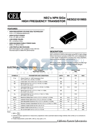 NESG2101M05-T1-A datasheet - NPN SiGe HIGH FREQUENCY TRANSISTOR