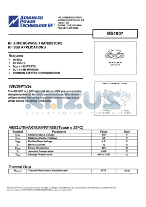 MS1007 datasheet - RF & MICROWAVE TRANSISTORS HF SSB APPLICATIONS