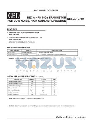 NESG210719 datasheet - NECs NPN SiGe TRANSISTOR FOR LOW NOISE, HIGH-GAIN AMPLIFICATION