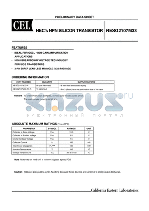 NESG2107M33 datasheet - NECs NPN SILICON TRANSISTOR