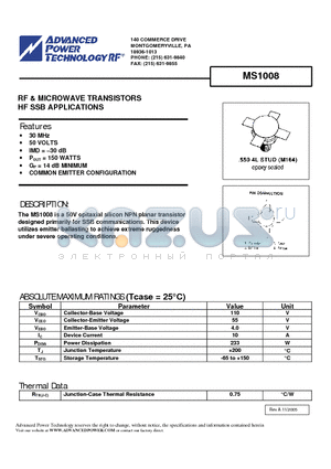 MS1008 datasheet - RF & MICROWAVE TRANSISTORS HF SSB APPLICATIONS