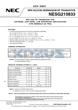 NESG210833-A datasheet - NPN SiGe RF TRANSISTOR FOR UHF-BAND, LOW NOISE, LOW DISTORTION AMPLIFICATION 3-PIN MINIMOLD (33 PKG)