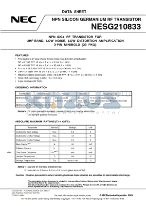 NESG210833 datasheet - NPN SiGe RF TRANSISTOR FOR UHF-BAND, LOW NOISE, LOW DISTORTION AMPLIFICATION 3-PIN MINIMOLD (33 PKG)