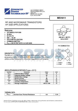 MS1011 datasheet - RF AND MICROWAVE TRANSISTORS HF SSB APPLICATIONS