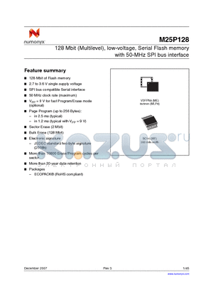 M25P128 datasheet - 128 Mbit (Multilevel), low-voltage, Serial Flash memory with 50-MHz SPI bus interface