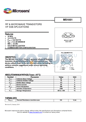 MS1051 datasheet - RF & MICROWAVE TRANSISTORS HF SSB APLICATIONS
