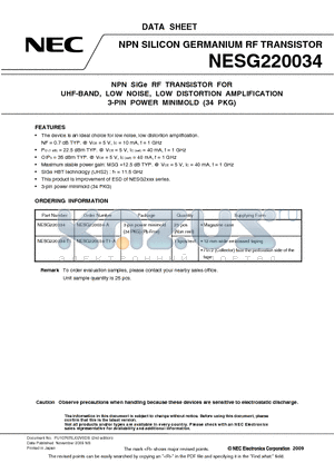 NESG220034 datasheet - NPN SiGe RF TRANSISTOR FOR UHF-BAND, LOW NOISE, LOW DISTORTION AMPLIFICATION 3-PIN POWER MINIMOLD (34 PKG)