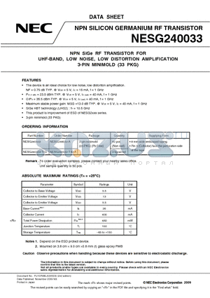 NESG240033 datasheet - NPN SiGe RF TRANSISTOR FOR UHF-BAND, LOW NOISE, LOW DISTORTION AMPLIFICATION 3-PIN MINIMOLD (33 PKG)