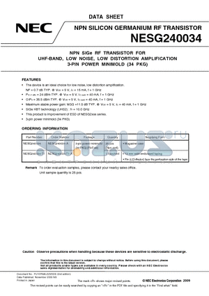 NESG240034 datasheet - NPN SiGe RF TRANSISTOR FOR UHF-BAND, LOW NOISE, LOW DISTORTION AMPLIFICATION 3-PIN POWER MINIMOLD (34 PKG)