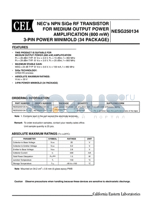 NESG250134 datasheet - NECs NPN SiGe RF TRANSISTOR FOR MEDIUM OUTPUT POWER AMPLIFIVATION (800mW) 3-PIN OWER MINIMOLD (34 PACKAGE)