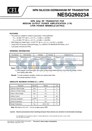 NESG260234 datasheet - NPN SILICON GERMANIUM RF TRANSISTOR