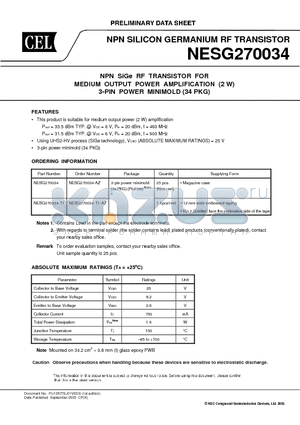 NESG270034-AZ datasheet - NPN SiGe RF TRANSISTOR FOR MEDIUM OUTPUT POWER AMPLIFICATION (2 W) 3-PIN POWER MINIMOLD (34 PKG)