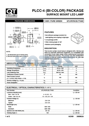 QTLP670C25 datasheet - PLCC-4 (BI-COLOR) PACKAGE SURFACE MOUNT LED LAMP