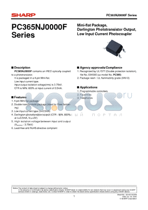 PC365NJ0000F datasheet - Mini-flat Package, Darlington Phototransistor Output, Low Input Current Photocoupler