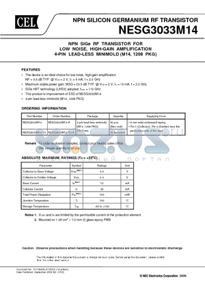 NESG3033M14 datasheet - NPN SILICON GERMANIUM RF TRANSISTOR