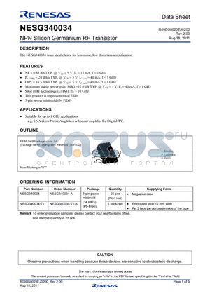 NESG340034-T1 datasheet - NPN Silicon Germanium RF Transistor