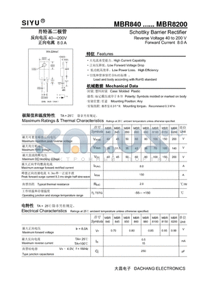 MBR840 datasheet - Schottky Barrier Rectifier Reverse Voltage 40 to 200 V Forward Current 8.0 A