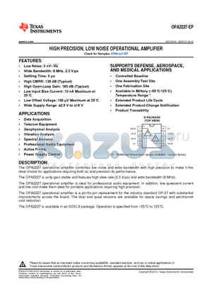 OPA2227MDREP datasheet - HIGH PRECISION, LOW NOISE OPERATIONAL AMPLIFIER