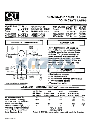 QTLP913-4 datasheet - SUBMINIATURE T-3/4 (1.9 mm) SOLID STATE LAMPS