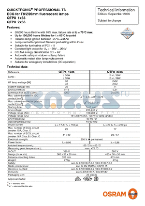 QTP81X36 datasheet - QUICKTRONIC^PROFESSIONAL T8 ECG for T8/26mm fluorescent lamps