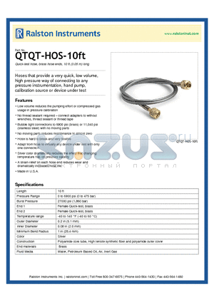 QTQT-HOS-10FT datasheet - Quick-test hose, brass hose ends, 10 ft (3.05 m) long