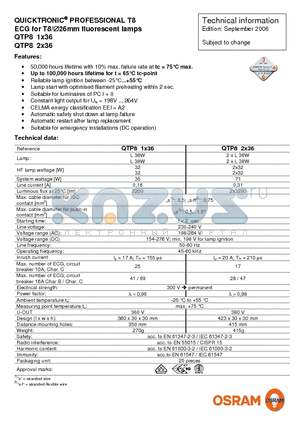 QTP82X36 datasheet - QUICKTRONIC^PROFESSIONAL T8 ECG for T8/26mm fluorescent lamps
