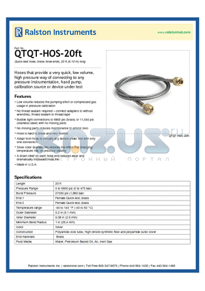 QTQT-HOS-20FT datasheet - Quick-test hose, brass hose ends, 20 ft (6.10 m) long