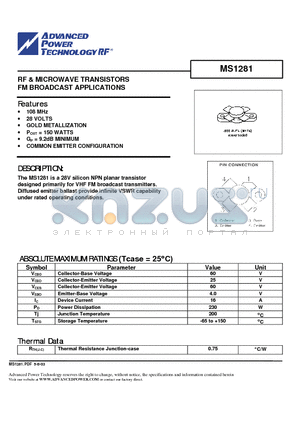 MS1281 datasheet - RF & MICROWAVE TRANSISTORS FM BROADCAST APPLICATIONS