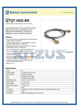 QTQT-HOS-8FT datasheet - Quick-test hose, brass hose ends, 8 ft (2.44 m) long