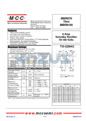 MBR870 datasheet - 8 Amp Schottky Rectifier 70-100 Volts