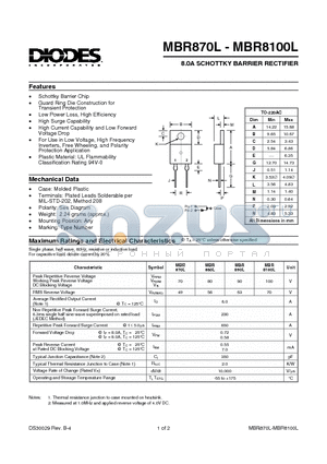 MBR870L datasheet - 8.0A SCHOTTKY BARRIER RECTIFIER