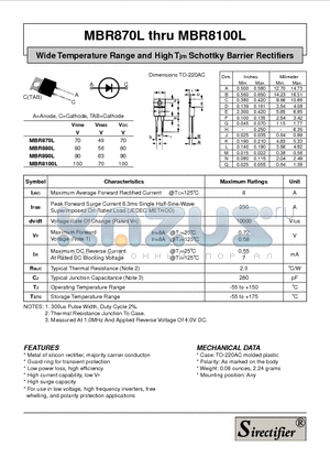 MBR870L datasheet - Wide Temperature Range and High Tjm Schottky Barrier Rectifiers