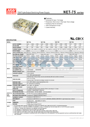 NET-75D datasheet - 75W Triple Output Switching Power Supply