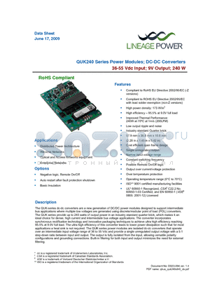 QUK240S9R041Z datasheet - 36 - 55Vdc input; 9Vdc Output; 240W