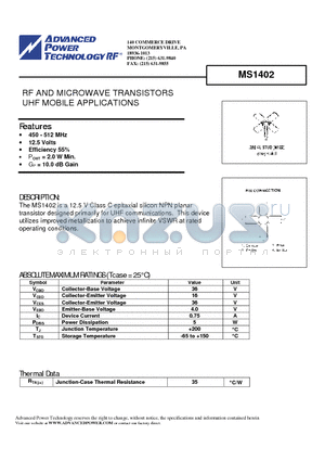 MS1402 datasheet - RF AND MICROWAVE TRANSISTORS UHF MOBILE APPLICATIONS