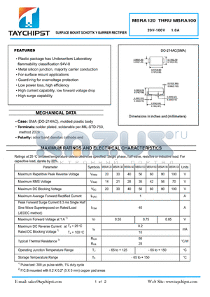 MBRA160 datasheet - SURFACE MOUNT SCHOTTK Y BARRIER RECTIFIER