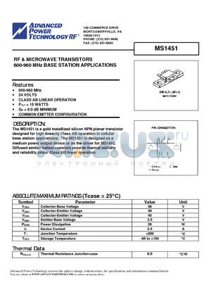 MS1451 datasheet - RF & MICROWAVE TRANSISTORS 800-960 MHz BASE STATION APPLICATIONS