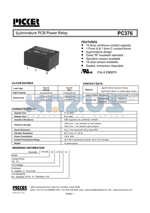 PC376 datasheet - Subminature PCB Power Relay