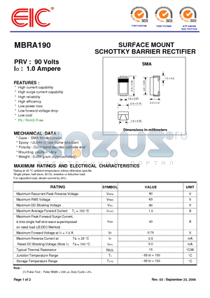 MBRA190 datasheet - SURFACE MOUNT SCHOTTKY BARRIER RECTIFIER