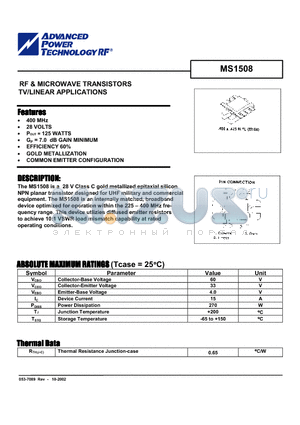 MS1508 datasheet - RF & MICROWAVE TRANSISTORS TV/LINEAR APPLICATIONS