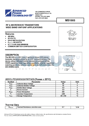 MS1503 datasheet - RF & MICROWAVE TRANSISTORS WIDE BAND VHF/UHF APPLICATIONS