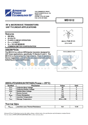 MS1512 datasheet - RF & MICROWAVE TRANSISTORS UHF TV/LINEAR APPLICATIONS