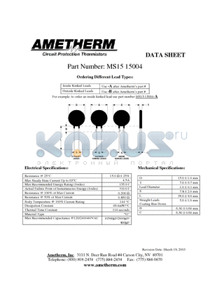 MS1515004 datasheet - Circuit Protection Thermistors