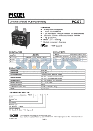 PC3791A-12 datasheet - 20 Amp Minature PCB Power Relay
