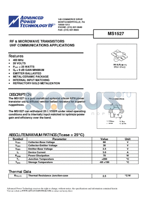 MS1527 datasheet - RF & MICROWAVE TRANSISTORS UHF COMMUNICATIONS APPLICATIONS