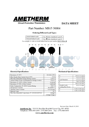 MS1530004 datasheet - Circuit Protection Thermistors