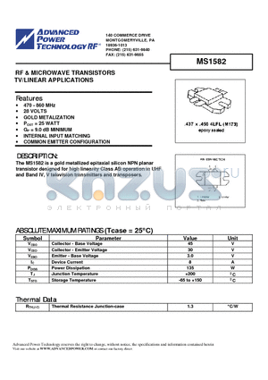 MS1582 datasheet - RF & MICROWAVE TRANSISTORS TV/LINEAR APPLICATIONS